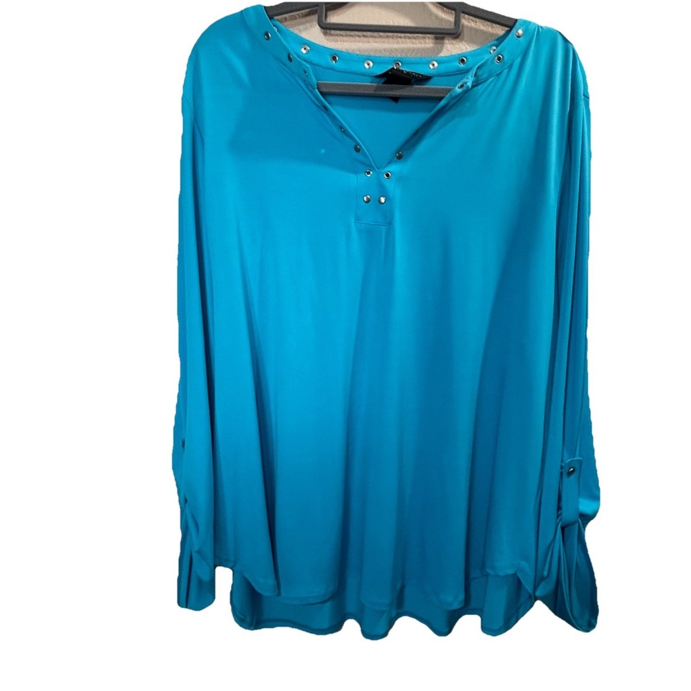 Investments II Womens Blouse Shirt Plus Size 2X Blue 3/4 Sleeve Top Studded